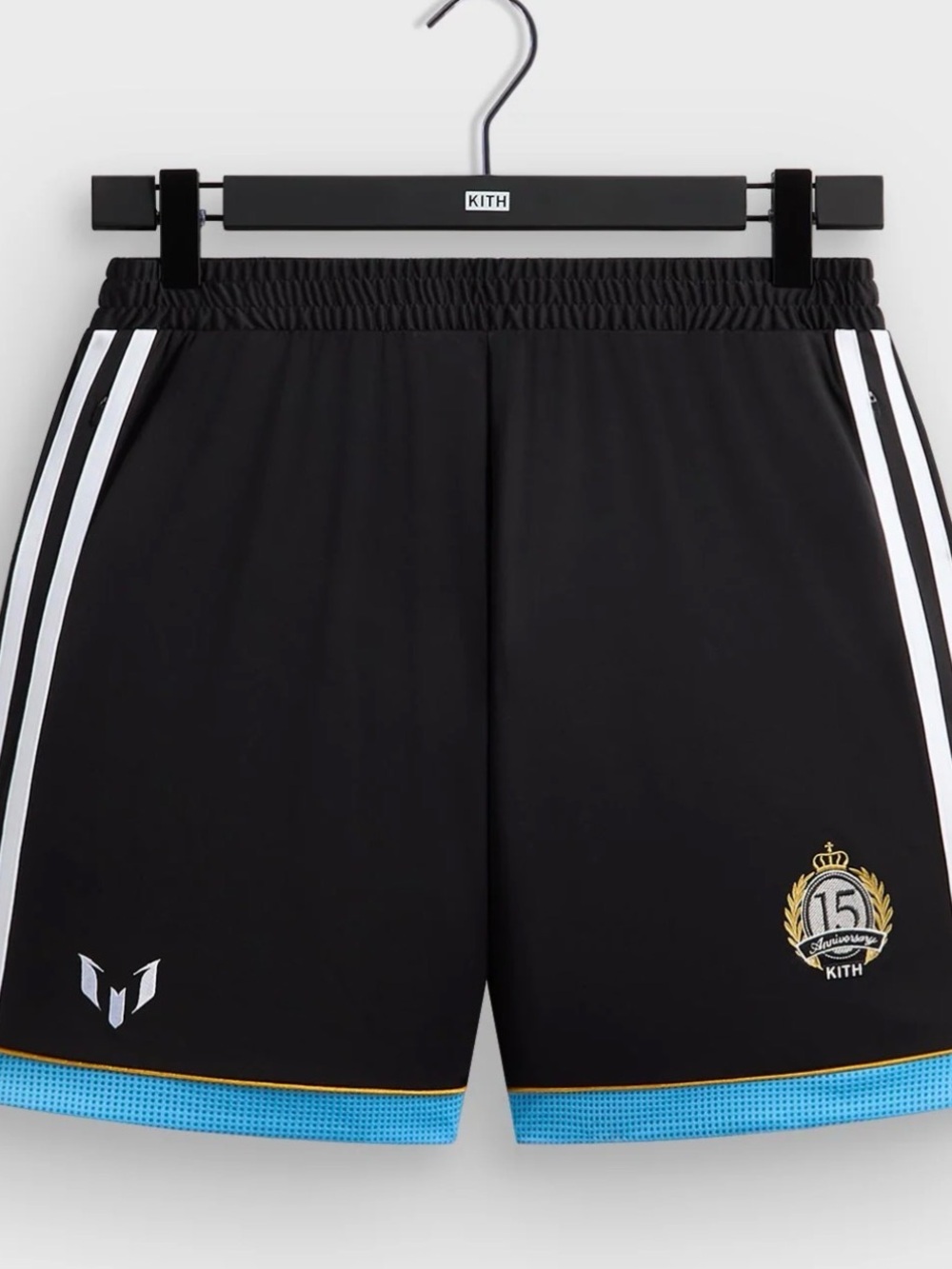 Kith Men’s Black Athletic Shorts with White Side Stripes and Blue Hem
